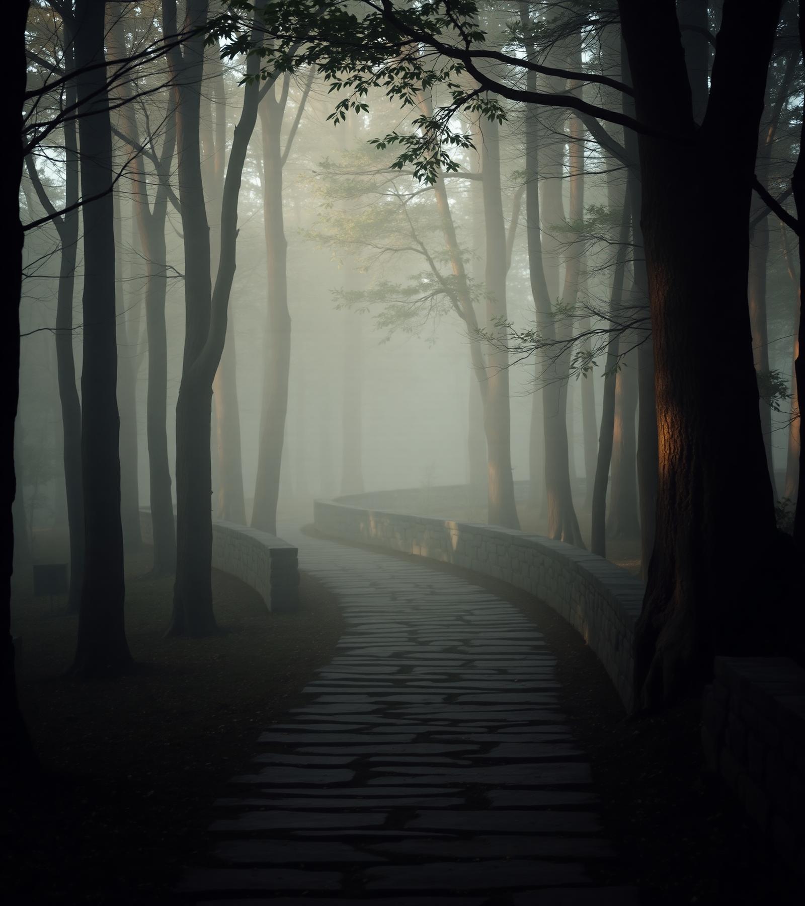 A quiet stone path winding through a misty forest at dawn